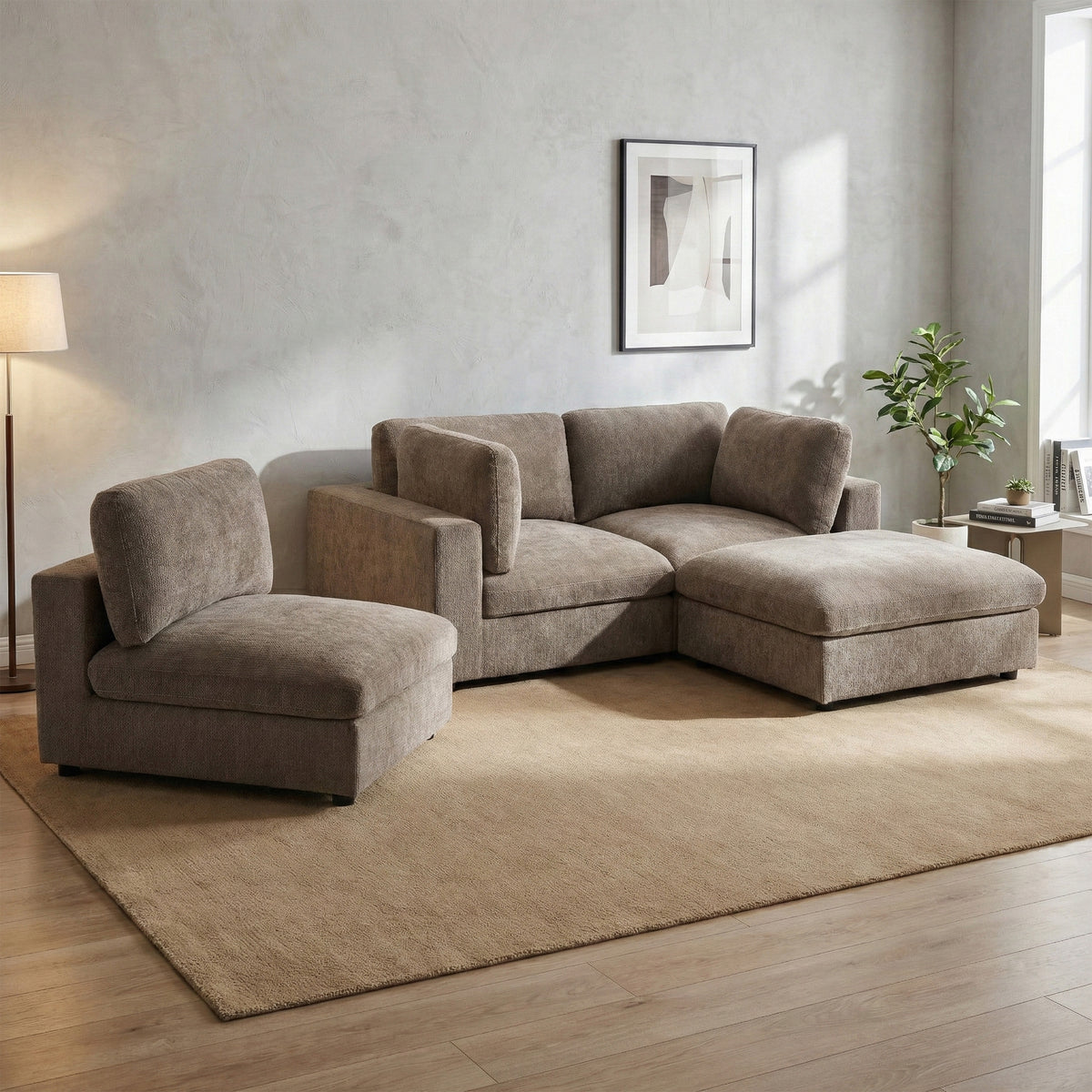 Haven Hazelnut fabric reconfigured range room view