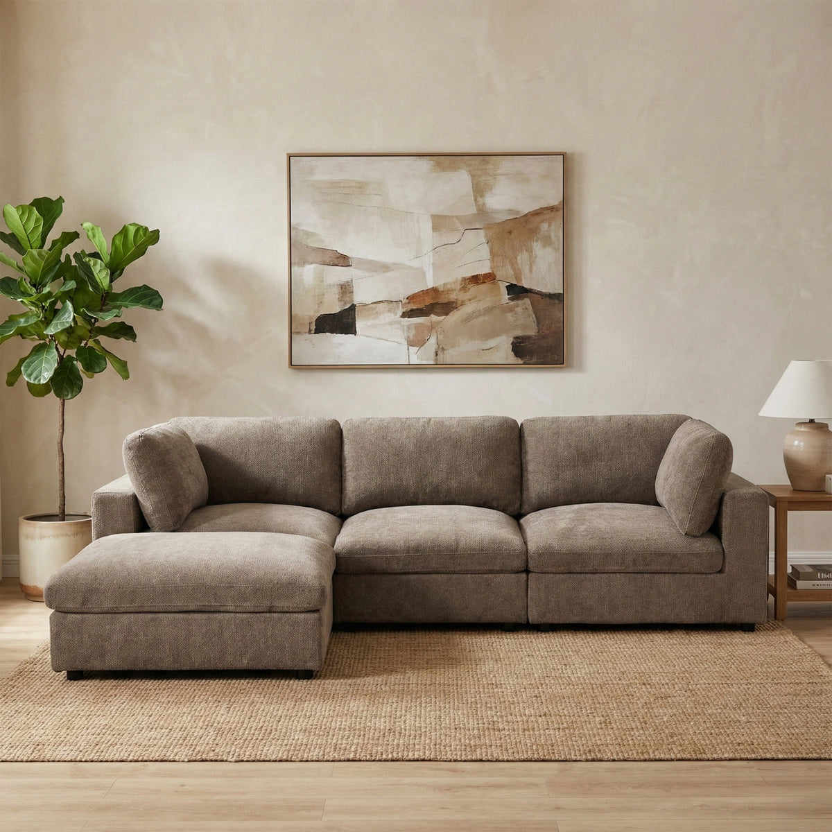 Haven Hazelnut fabric three-seater and footstool range room view
