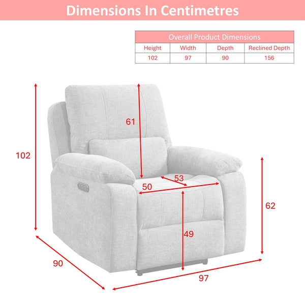 Knightsbridge electric recliner armchair in fossil, dimensions diagram