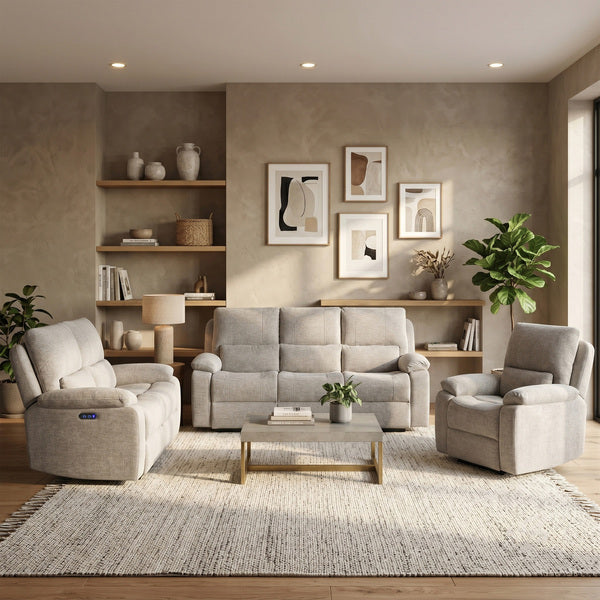 Knightsbridge electric recliner armchair in fossil, front upright chair
