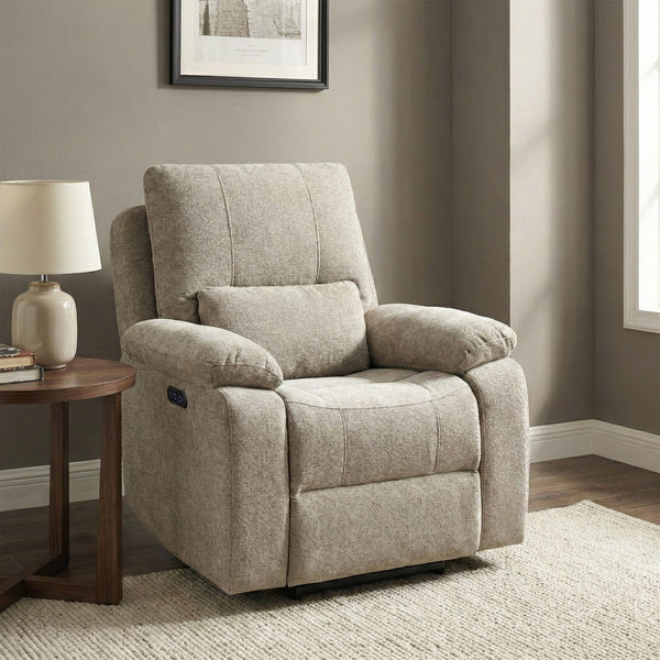 Knightsbridge electric recliner armchair in fossil, living room upright chair