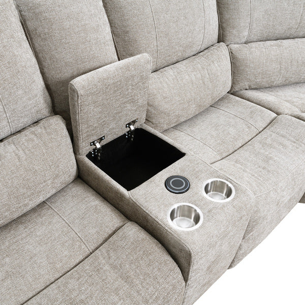 Knightsbridge electric recliner corner sofa in fossil, open storage console and cup holders