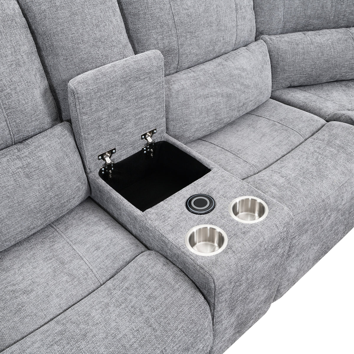Knightsbridge in Granite, open storage console and two cup holders