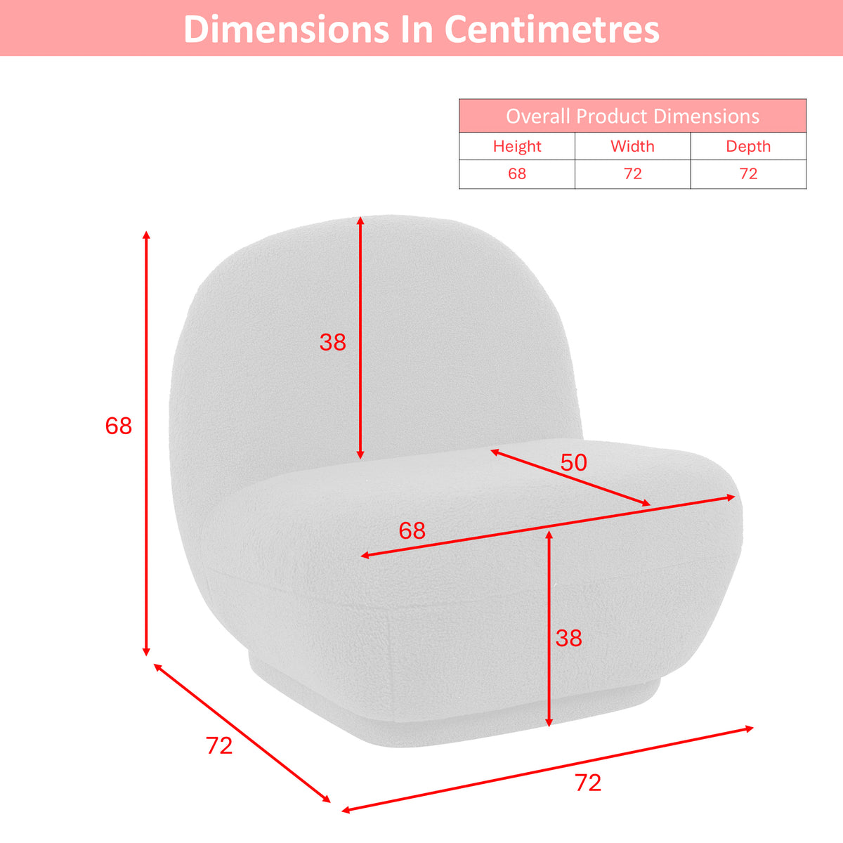 Maisie accent chair dimensions: width 72 cm, depth 72 cm, height 68 cm
