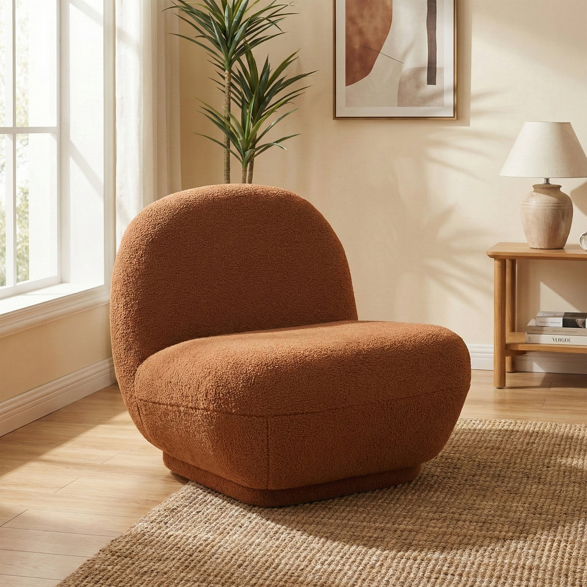 Maisie Rust fabric accent chair in a styled room