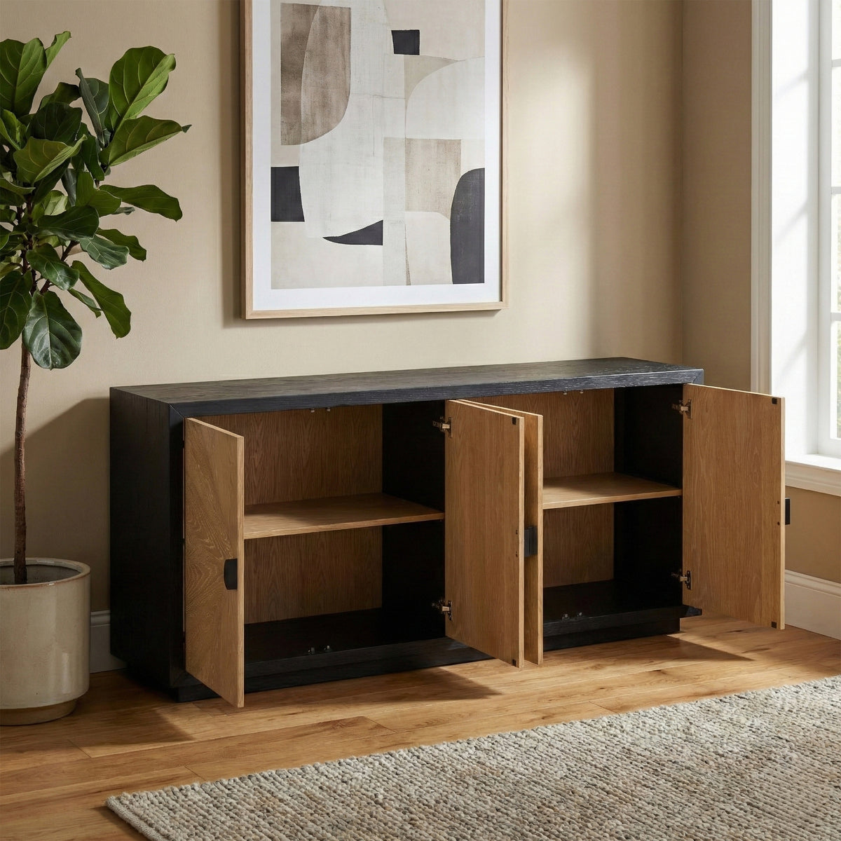 Marseille 4 Door Sideboard - open cupboards in a room setting