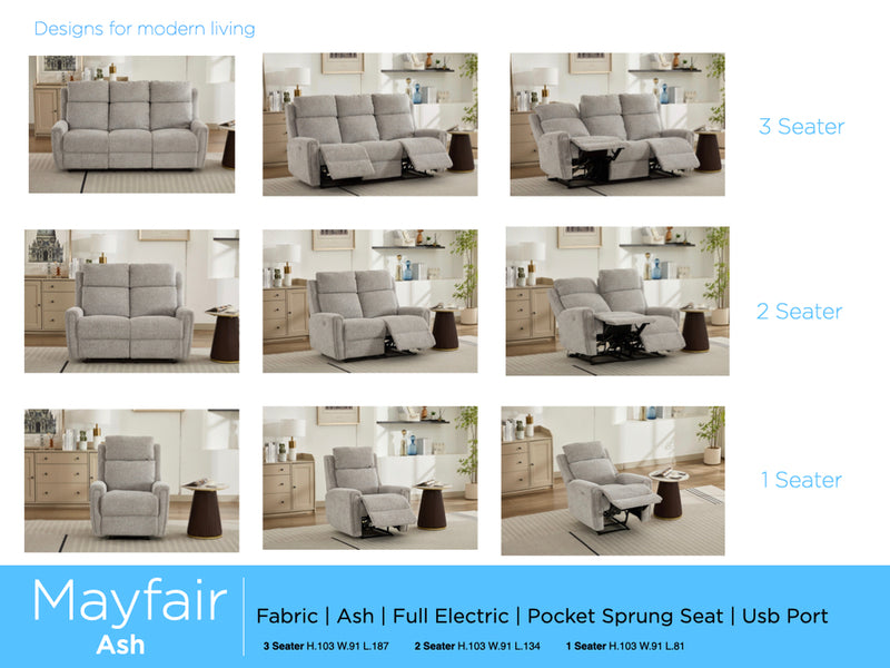 Mayfair 2 seater electric recliner sofa in ash, electric collection overview
