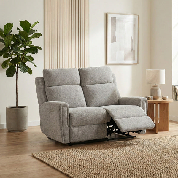 Mayfair 2 seater electric recliner sofa in ash, living room one footrest raised