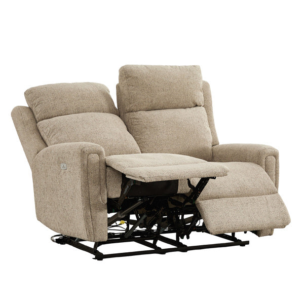 Mayfair 2 seater electric recliner sofa in beige, angled both footrests raised