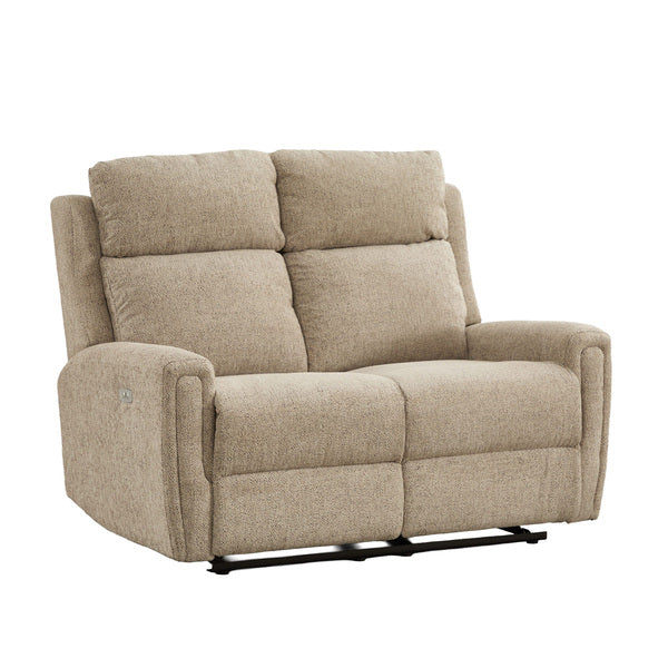 Mayfair 2 seater electric recliner sofa in beige, angled upright