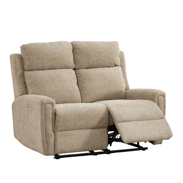 Mayfair 2 seater electric recliner sofa in beige, front one footrest raised