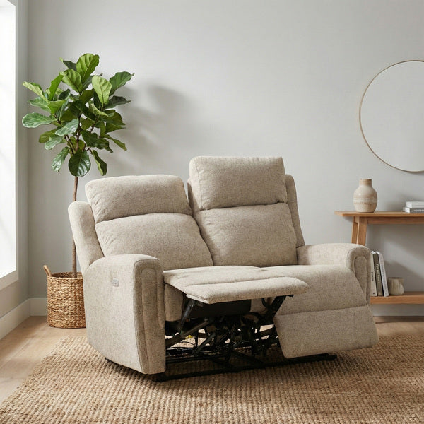 Mayfair 2 seater electric recliner sofa in beige, living room footrest raised