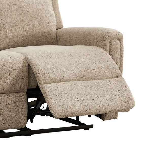 Mayfair 2 seater electric recliner sofa in beige, raised footrest close up