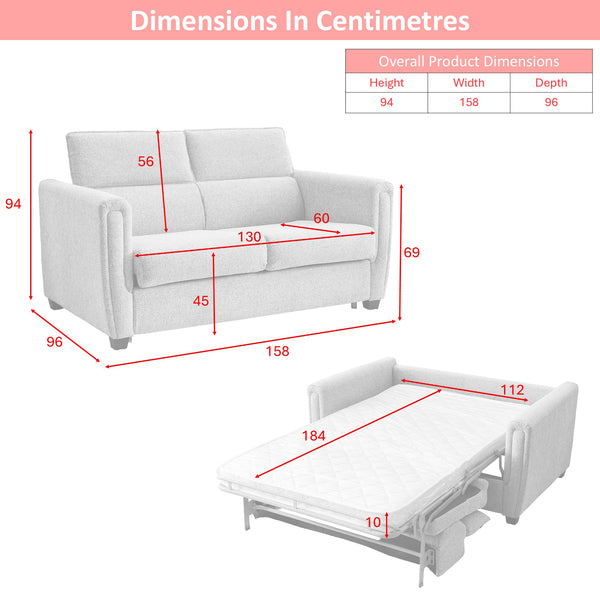 Mayfair 2 seater pull-out sofa bed in ash, sofa and mattress dimensions