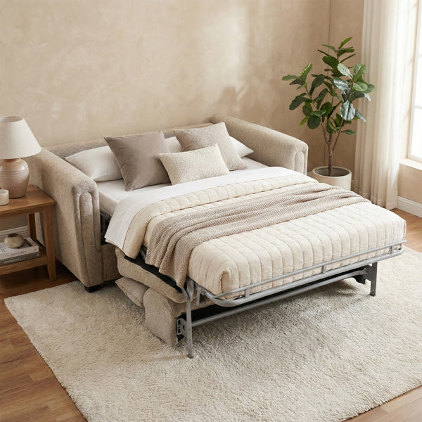 Mayfair 2 seater pull-out sofa bed in beige, living room open bed styled with bedding