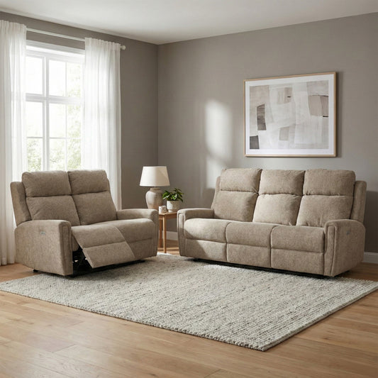 Mayfair 3+2 electric recliner sofa set in beige, living room reclining sofa set