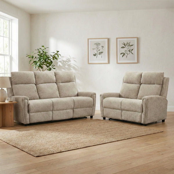 Mayfair 3+2 fixed sofa set in beige, angled living room suite layout