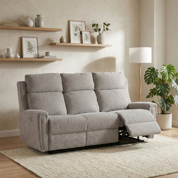 Mayfair 3 seater electric recliner sofa in ash, living room one footrest raised