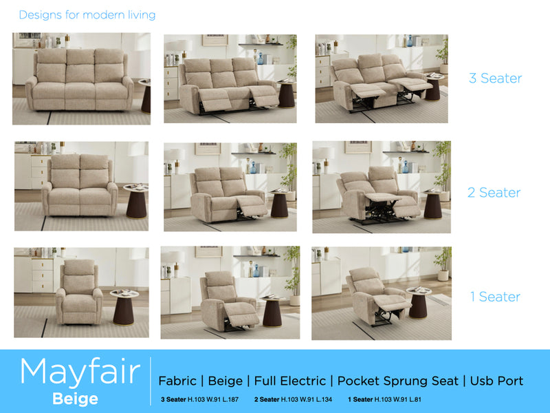 Mayfair 3 seater electric recliner sofa in beige, electric collection overview