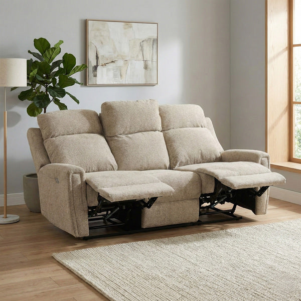 Mayfair 3 seater electric recliner sofa in beige, living room footrests raised
