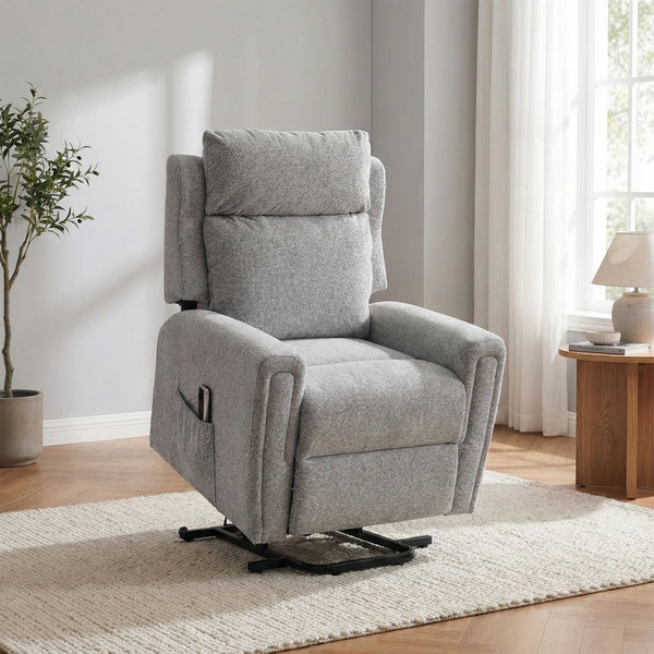 Mayfair dual motor electric lift & tilt recliner armchair in ash, angled living room lift position