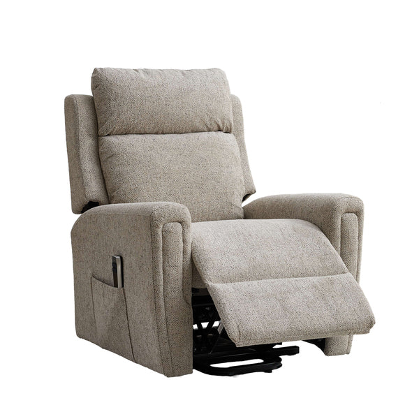 Mayfair dual motor electric lift & tilt recliner armchair in beige, angled footrest raised