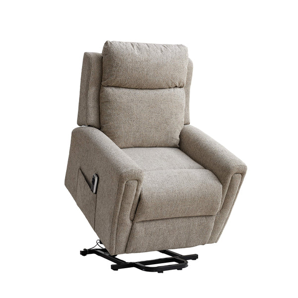 Mayfair dual motor electric lift & tilt recliner armchair in beige, angled lift position