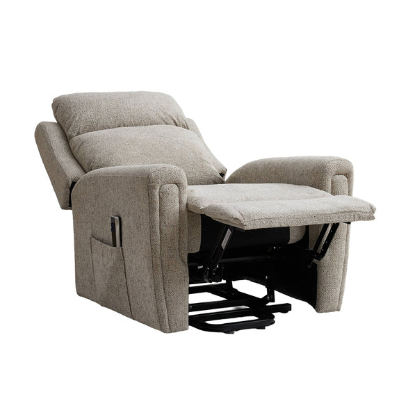 Mayfair dual motor electric lift & tilt recliner armchair in beige, fully reclined position
