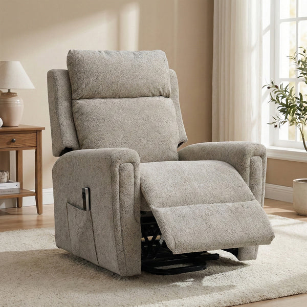Mayfair dual motor electric lift & tilt recliner armchair in beige, living room footrest raised