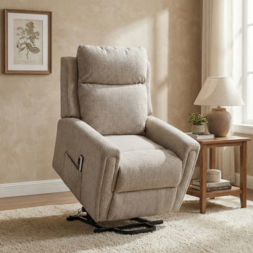 Mayfair dual motor electric lift & tilt recliner armchair in beige, living room lift position