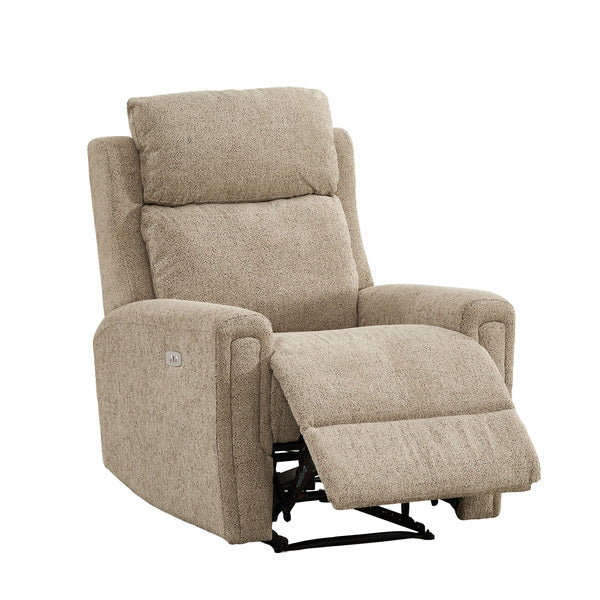 Mayfair electric recliner armchair in beige, angled footrest raised