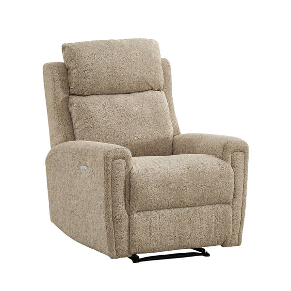 Mayfair electric recliner armchair in beige, angled upright