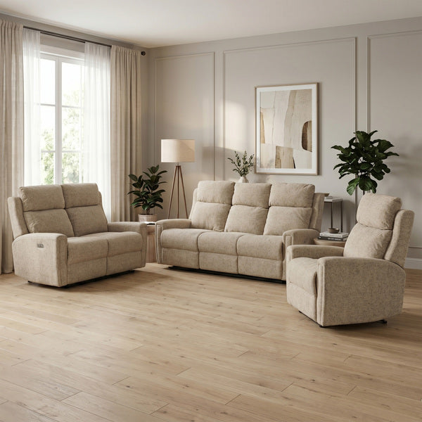 Mayfair electric recliner armchair in beige, front upright