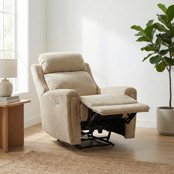 Mayfair electric recliner armchair in beige, living room footrest raised