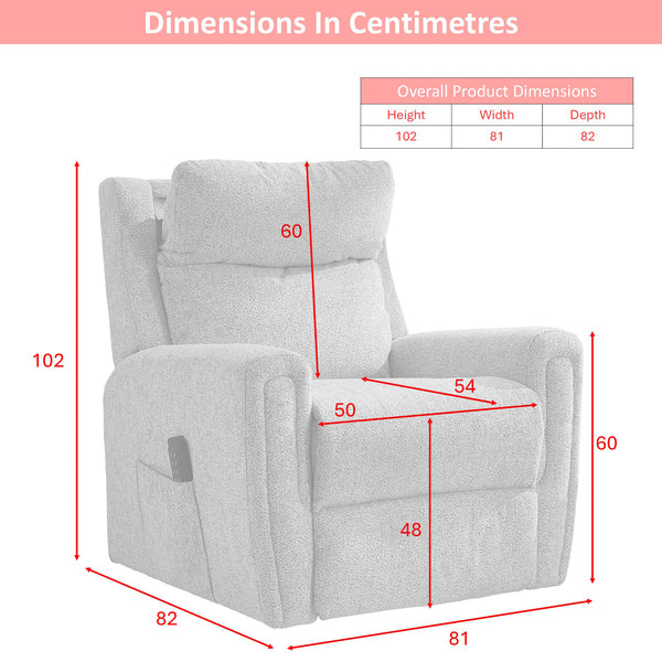 Mayfair quad motor electric lift & tilt recliner armchair in beige, dimensions diagram