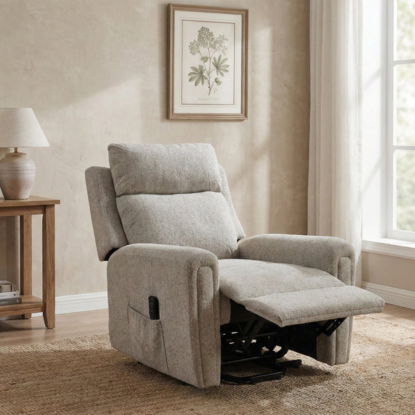 Mayfair quad motor electric lift & tilt recliner armchair in beige, living room extended footrest