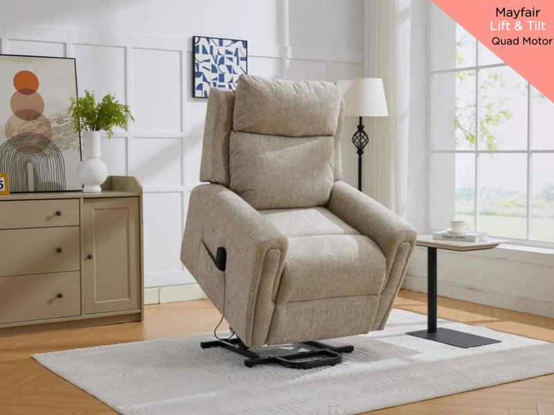 Mayfair quad motor electric lift & tilt recliner armchair in beige, living room raised lift position