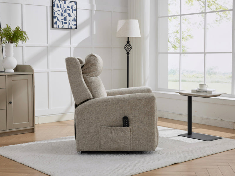Mayfair quad motor electric lift & tilt recliner armchair in beige, living room side profile