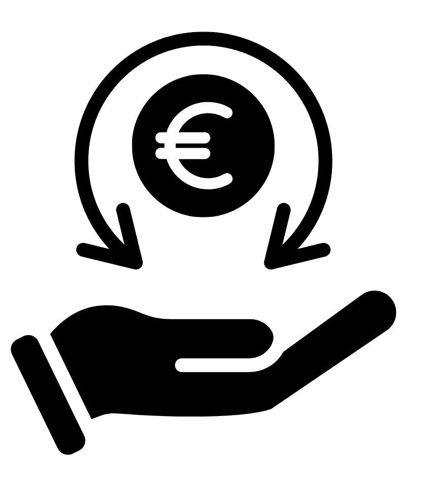 30 Day Money Back Guarantee featuring a hand and euro coin