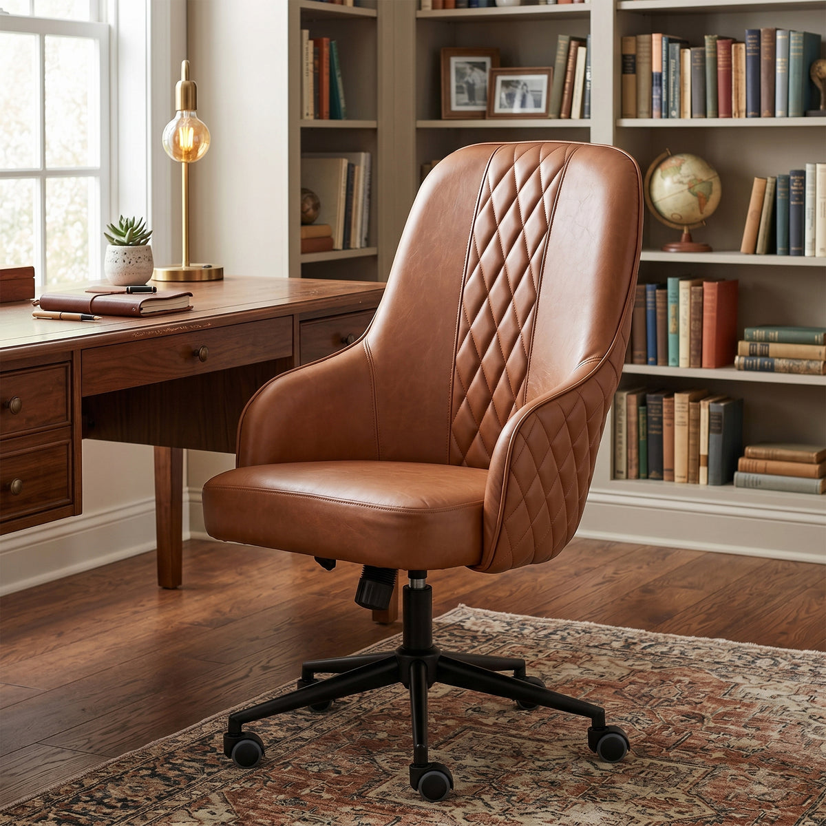 Montrose Tan PU office chair, desk lifestyle view