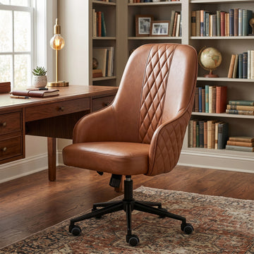 Montrose Tan PU office chair, desk lifestyle view