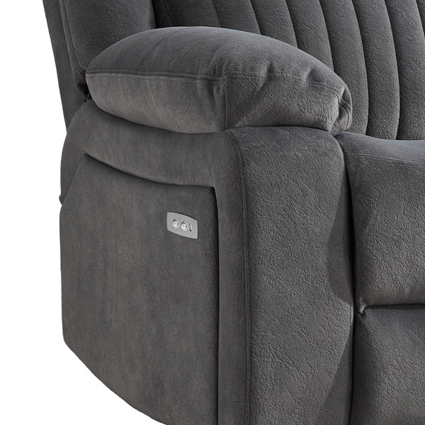 Morgan 2 Seater Electric Recliner Sofa in Slate Grey, close-up of the electric reclining controls beneath the padded armrest