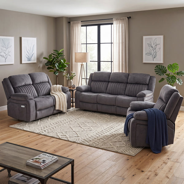 Morgan 2 Seater Electric Recliner Sofa in Slate Grey, with matching Morgan seating in a living room