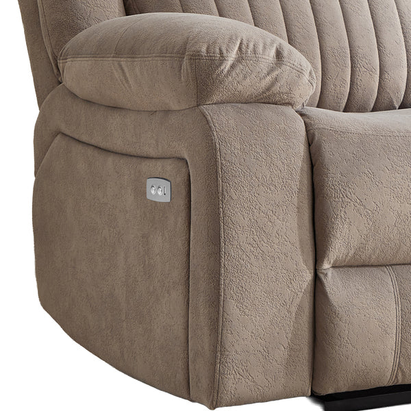 Morgan 2 Seater Electric Recliner Sofa in Taupe, close-up of the electric reclining controls beneath the padded armrest