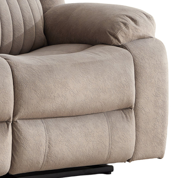 Morgan 2 Seater Electric Recliner Sofa in Taupe, close-up of the fabric seat and padded armrest