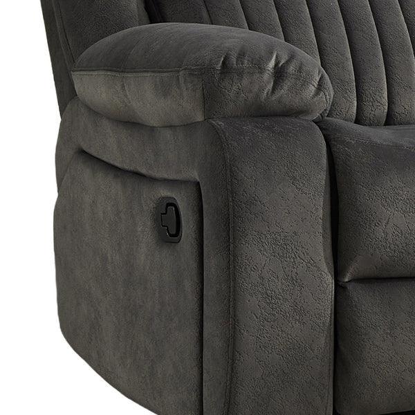 Morgan 2 Seater Manual Recliner Sofa in Iron, close-up of the manual reclining handle beneath the padded armrest