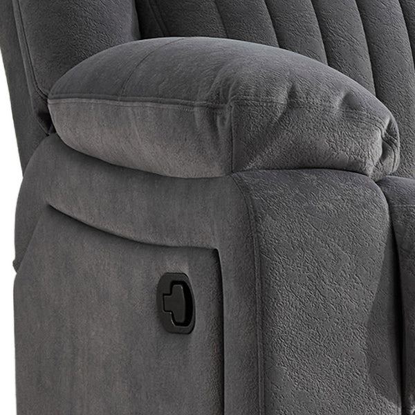 Morgan 2 Seater Manual Recliner Sofa in Slate Grey, close-up of the manual reclining handle beneath the padded armrest