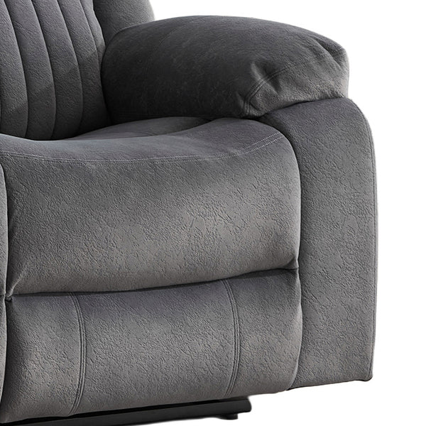 Morgan 2 Seater Manual Recliner Sofa in Slate Grey, close-up of the fabric seat and padded armrest