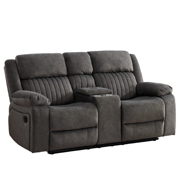 Morgan 2 Seater Manual Recliner Sofa With Console in Iron, angled view with the footrests closed