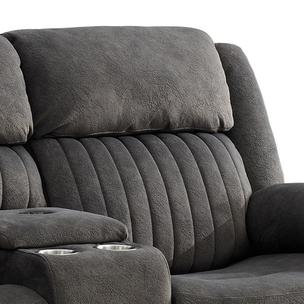 Morgan 2 Seater Manual Recliner Sofa With Console in Iron, close-up of the centre console and cup holders
